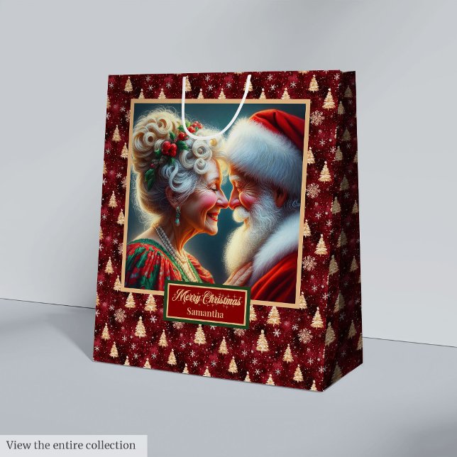 Sacola Para Presentes Média Papais noeis Clássicos & Sra. Claus Holiday Waterc (Classic Santa & Mrs Claus Holiday Watercolor Bag)