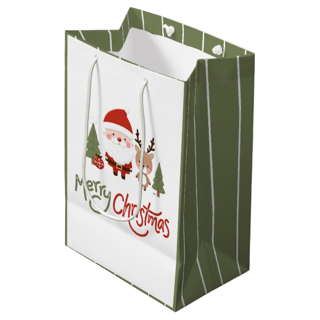Sacola Para Presentes Média Papais noeis e renas de Natal bonitos (Frente inclinada)