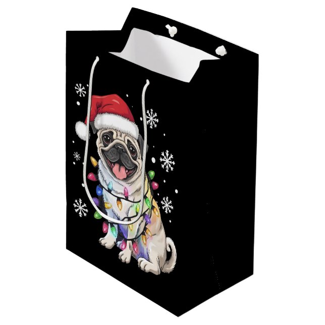 Sacola Para Presentes Média Papais noeis Pug Christmas Lights Xmas Dog Lover (Frente inclinada)
