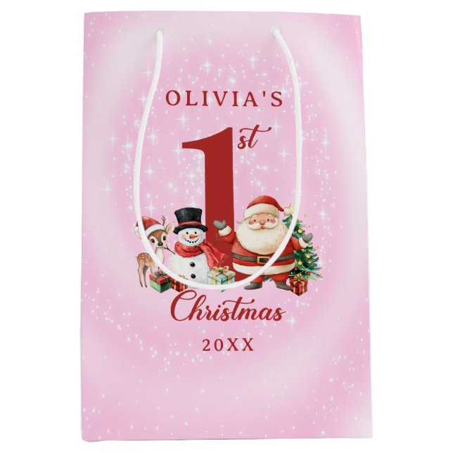 Sacola Para Presentes Média Papais noeis, Reindeer e Snowman - Primeiro Natal (Frente)