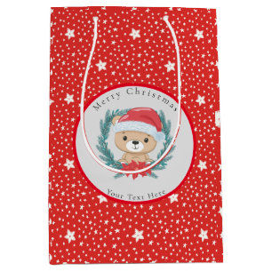 Sacola Para Presentes Média Papais noeis Ursinho Vermelho e White Stars Feliz 