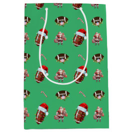 Sacola Para Presentes Média Papais noeis Verdes de Futebol de Natal Rosa