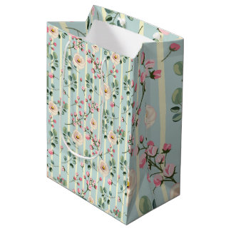 Sacola Para Presentes Média Papel de embrulho floral listrado de azul suave