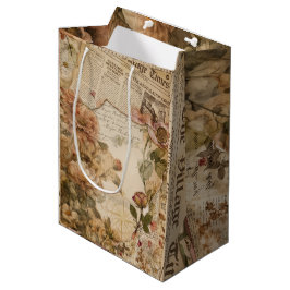 Sacola Para Presentes Média Papel Floral de Jornal Antigo Estética Cottagecore