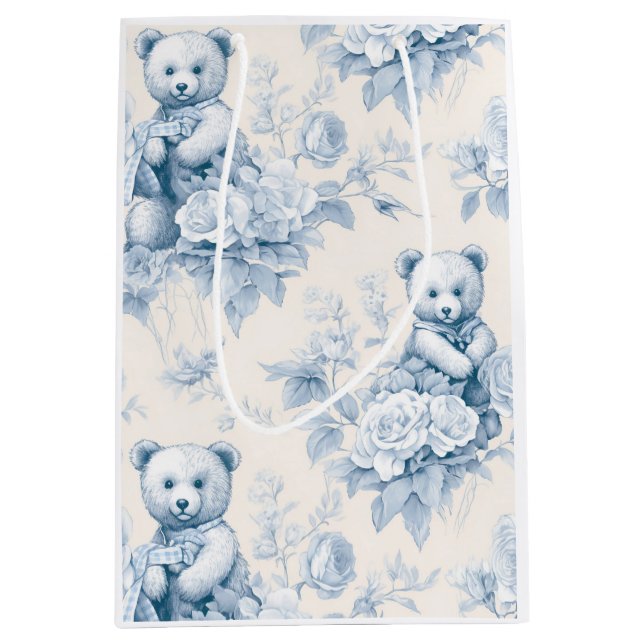 Sacola Para Presentes Média Papel higiênico francês com padrão floral e urso (Frente)