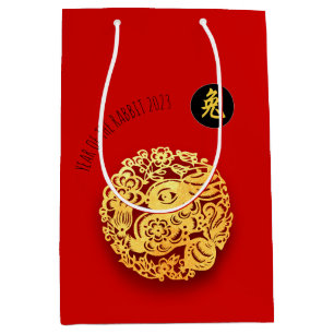 Sacola Para Presentes Média Paperrecorte de coelho Dourado vermelho Chinês Ano