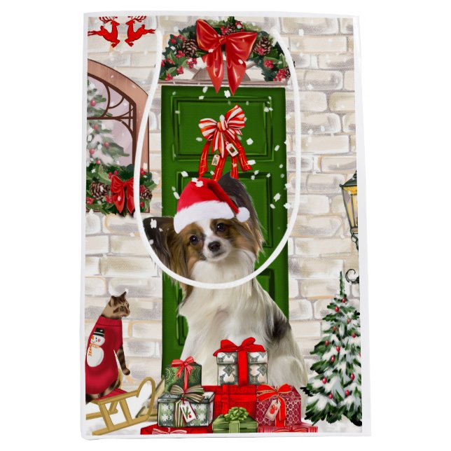 Sacola Para Presentes Média Papillon Dog Christmas (Frente)