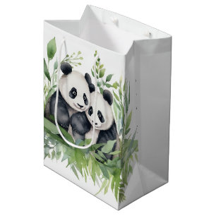 Sacola Para Presentes Média Par de Pandas em Folhas de Bambu
