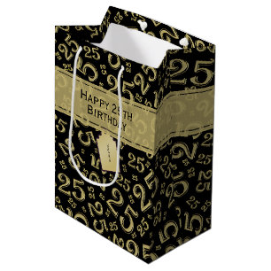 Sacola Para Presentes Média Parabéns 25 Aniversário Preto/Dourado Padrão Numér