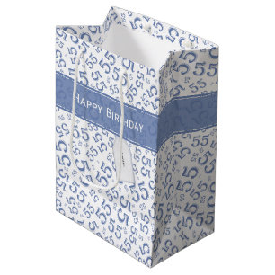 Sacola Para Presentes Média Parabéns, 55 Anos, Padrão Numérico, Azul/Branco,