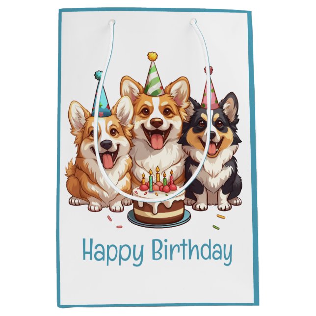 Sacola Para Presentes Média Parabéns, Cães Corgi. (Frente)