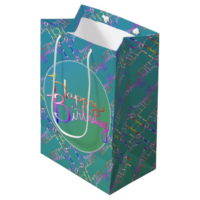 Sacola Para Presentes Média "Parabéns" Mão Escrita Teal Gift Bag (Frente inclinada)