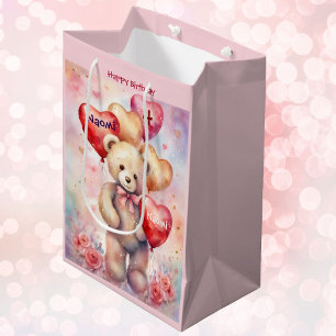 Sacola Para Presentes Média Parabéns Urso Adicione Nome e Idade