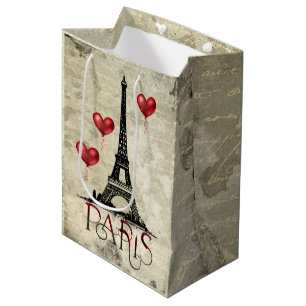 Sacola Para Presentes Média Paris, Torre Eiffel e Script de Balões de Coraç