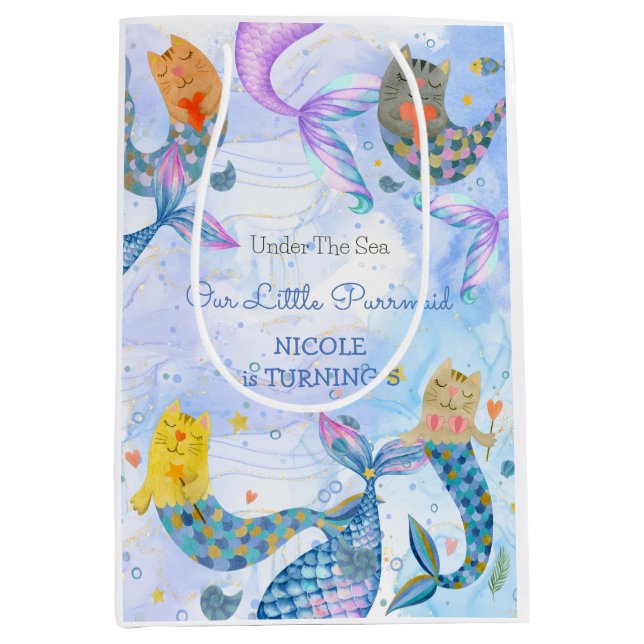 Sacola Para Presentes Média Parrmaid cat sermaid Watercolor aniversário (Frente)
