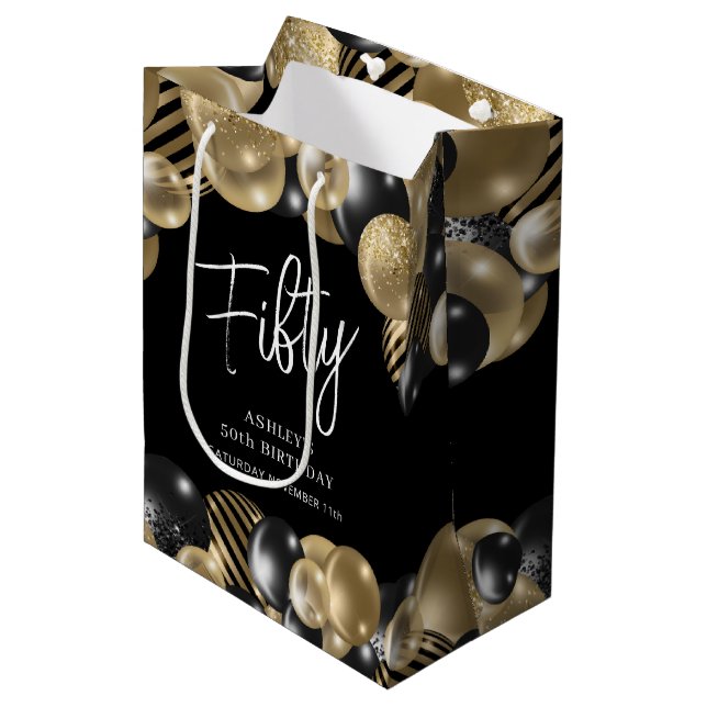 Sacola Para Presentes Média Partição de Convidados Dourados Pretos (Frente inclinada)