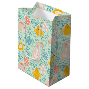 Sacola Para Presentes Média Páscoa com ovos, coelho, pintinho, flores