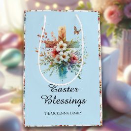 Sacola Para Presentes Média Páscoa Cristã de Flores Cruzadas de Cores Azuis