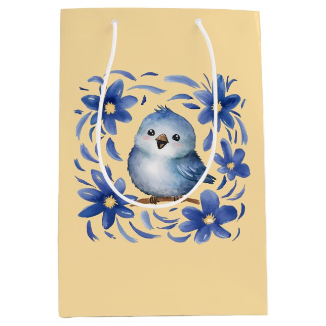 Sacola Para Presentes Média Pássaro Azul com flores (Frente)