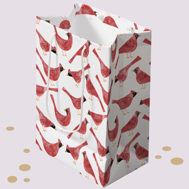 Sacola Para Presentes Média Pássaro Cardinho Festivo Aquarela (Fun and festive Christmas Holiday Cardinal bird red and white watercolor gift bag)