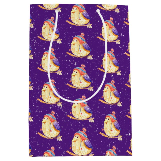 Sacola Para Presentes Média Pássaro de inverno em roxo (Frente)
