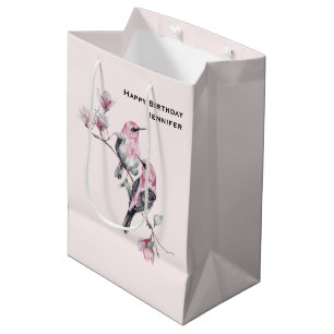 Sacola Para Presentes Média Pássaros Rosa e Negro em um Ramo de Árvore Anivers