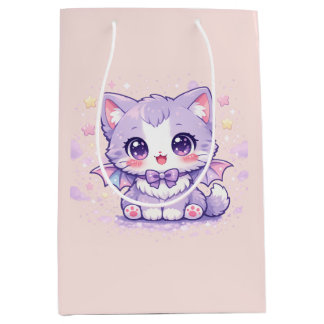 Sacola Para Presentes Média Pastel Bat Kitty Kawaii Asa Lavanda