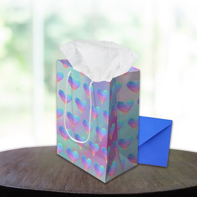 Sacola Para Presentes Média Pastel Hearts Rainbow Pattern (Criador carregado)