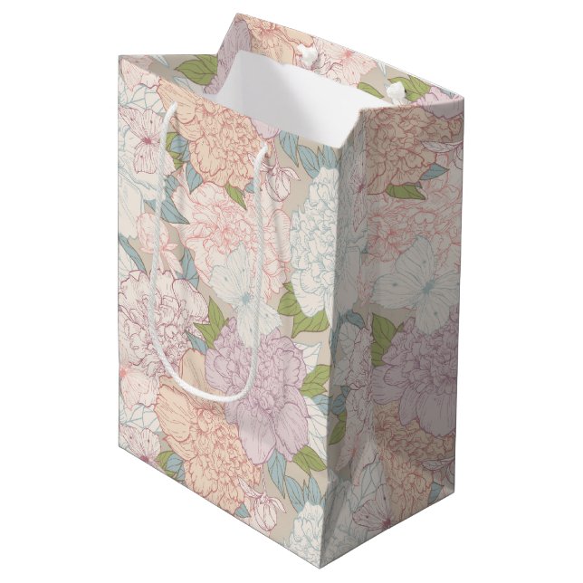 Sacola Para Presentes Média Pastel Peony & Butterfly Fllower Pattern (Frente inclinada)