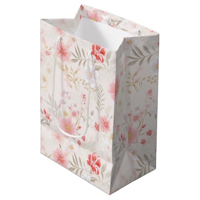 Sacola Para Presentes Média Pastel Pink Red White Flowers Pattern Wine, Small, (Frente inclinada)