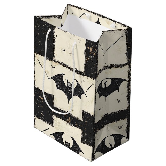 Sacola Para Presentes Média Patchwork de Cream Denim Grunge com Bats (3) (Frente inclinada)