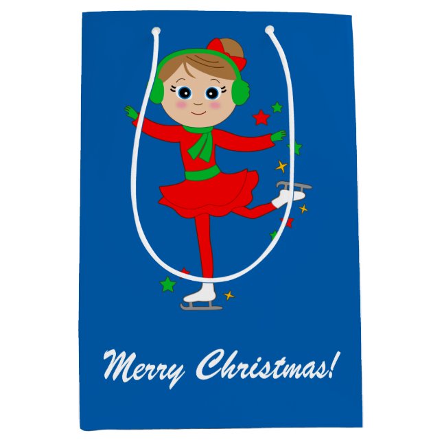 Sacola Para Presentes Média Patinador de gelo do Natal com estrelas (Frente)