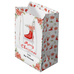 Sacola Para Presentes Média Patins de Gelo Floral Vermelho Feliz Natal