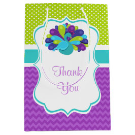 Sacola Para Presentes Média Pavão bonito verde e roxo Aniversário Obrigado