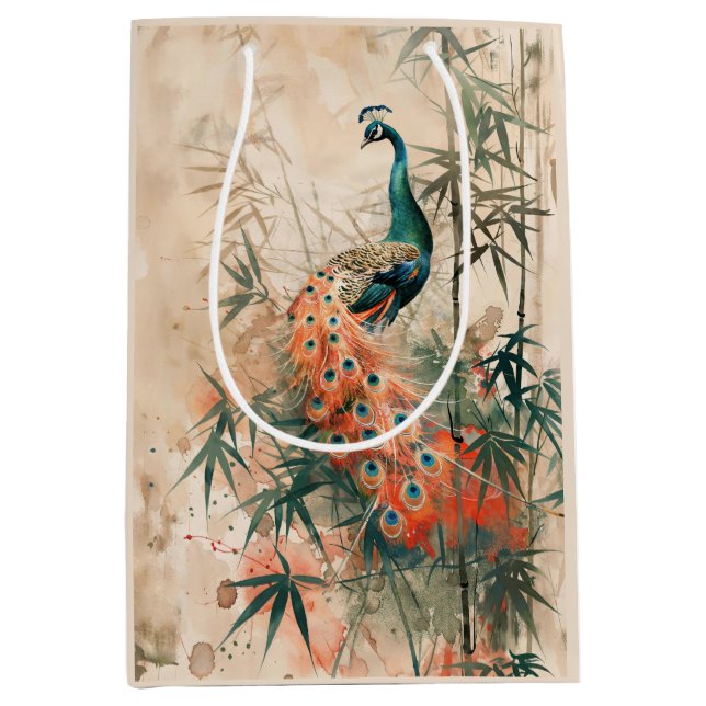Sacola Para Presentes Média Pavão de aquarela (Frente)