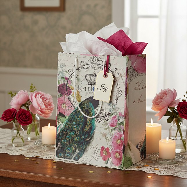 Sacola Para Presentes Média Pavão e flores de primavera (Criador carregado)