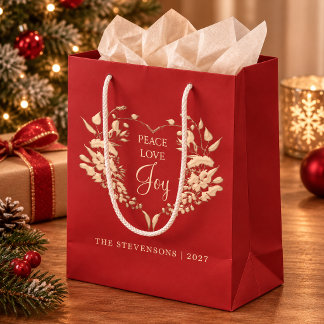 Sacola Para Presentes Média Paz Amor Alegria Natal Personalizado Vermelho Dour