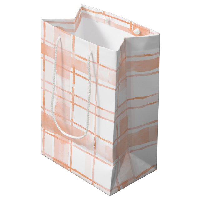 Sacola Para Presentes Média Peach Plaid Stripes Birthday (Frente inclinada)