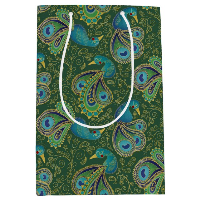 Sacola Para Presentes Média Peacock Paisley Pattern Green (Frente)