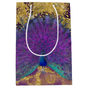 Sacola Para Presentes Média Peacock Vintage Leopard Purple e Dourada Decoupage