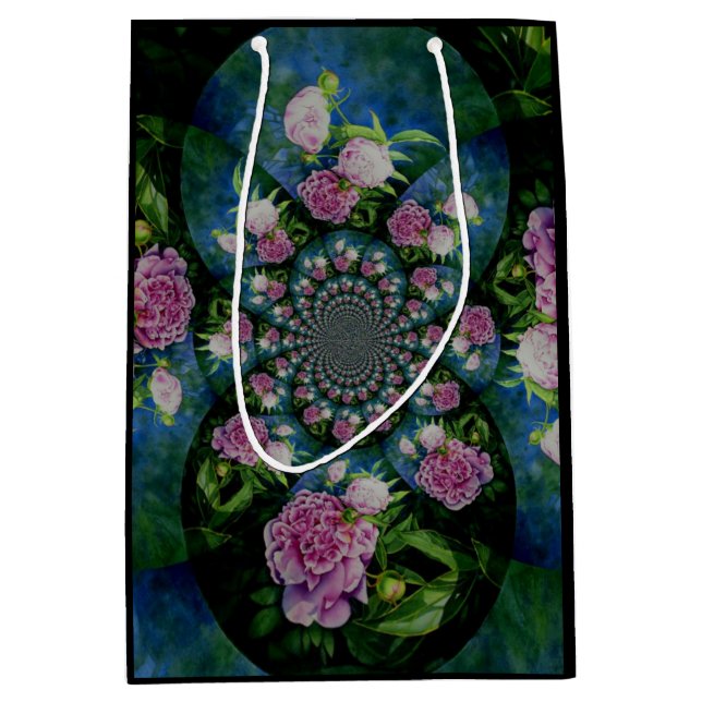Sacola Para Presentes Média Pedônio branco-rosa, cor-de-água floral, mandala (Frente)