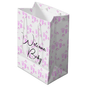 Sacola Para Presentes Média Pegadas de Bebê Rosa e Corações em Branco