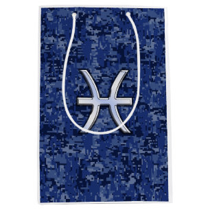 Sacola Para Presentes Média Peixes de Prata Símbolo Zodiac Marinho Azul Camo