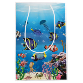 Sacola Para Presentes Média Peixes Tropicais nadando no Leito Marinho