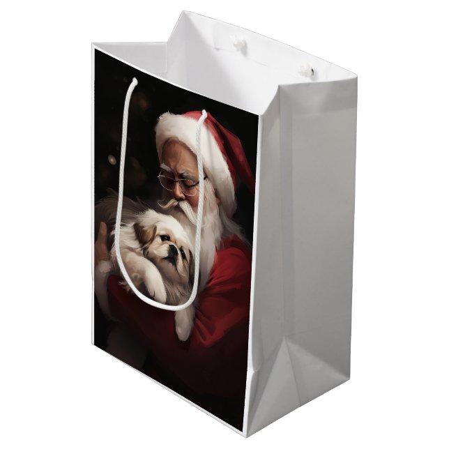 Sacola Para Presentes Média Pekingese com Papai Noel Natal Festivo (Frente inclinada)