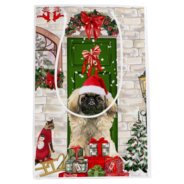 Sacola Para Presentes Média Pekingese Dog Christmas Gift Bag (Frente)