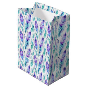 Sacola Para Presentes Média Penas de Peacock com Turquesa Roxa