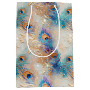 Sacola Para Presentes Média Penas Douradas de Peacock Branco Aqua