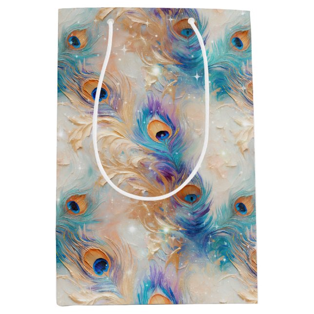 Sacola Para Presentes Média Penas Douradas de Peacock Branco Aqua (Frente)