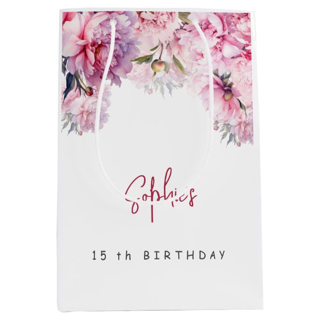 Sacola Para Presentes Média Pêonias cor-de-rosa festa de aniversário (Frente)